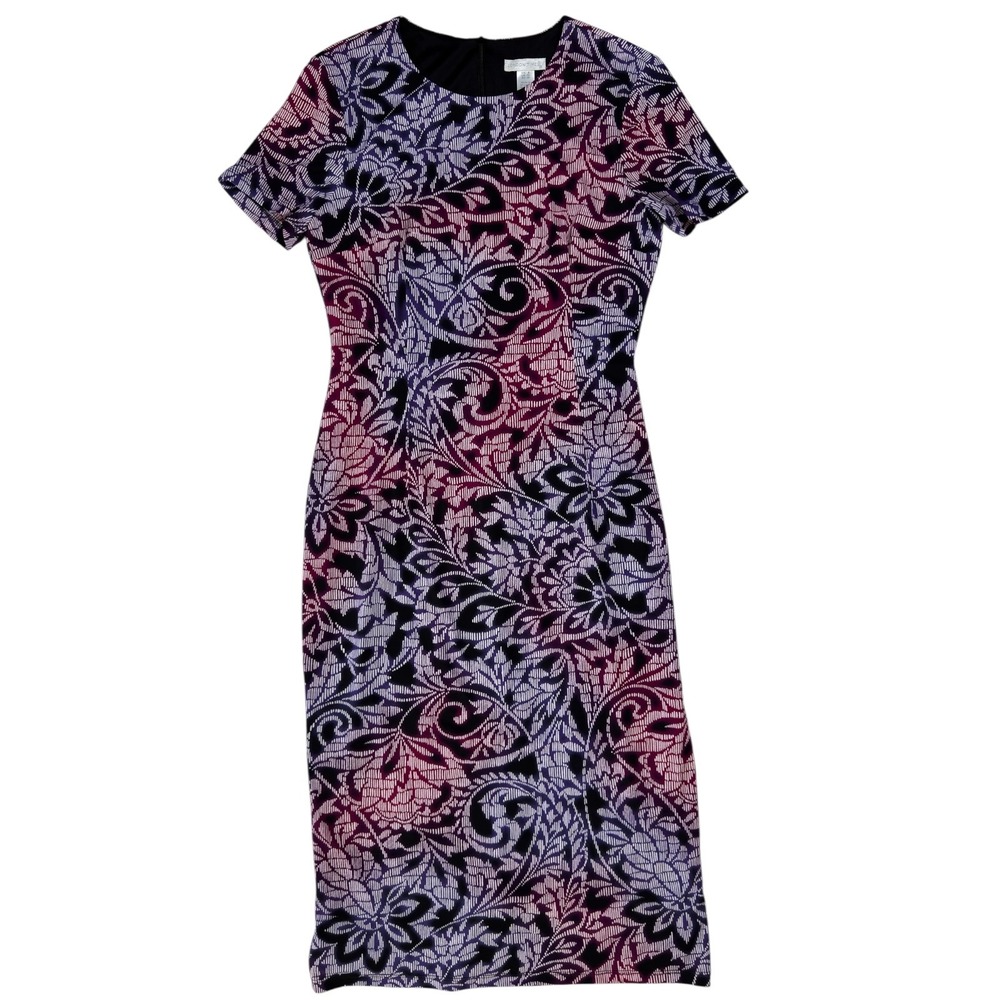 London Times Sheath Dress 8 Purple Black Floral Paisley Office Evening Abstract